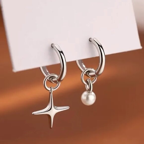 Sterling Silver Hoop Earrings with Pearl & Star Charms - Picture 1 of 9